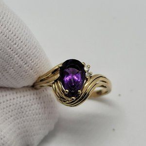 Vtg Pear Shaped Amethyst and Diamond 14KP Yellow Gold Swirl Ring Size 7.5